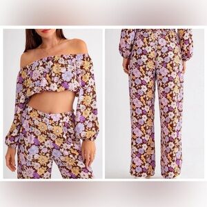 LeLis Floral Long Sleeve Crop Top And Wide Leg Pants Matching Set Size XS